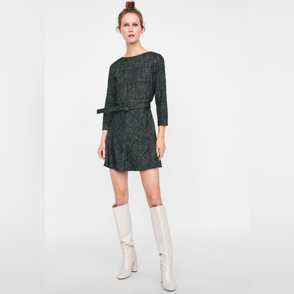 Zara Tweed Belted Fit & Flare Cropped Sleeve Mini Short Dress, Forest Green, Med - Picture 4 of 15